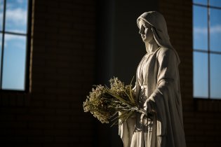 Ta žena tu stojí už tak dlouho, že ta květina úplně uschla